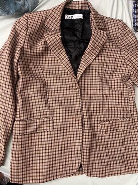 Zara Peach and Navy Plaid Tailored Blazer
